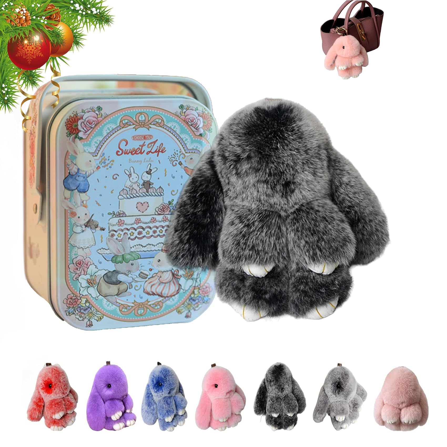 Vgpbphj Bunny Lulu Keychain with Tin, Christmas Cute Bunnylulu Keychain with Box, Handmade Soft Bunny Pompom Charms for Women Girl (A)