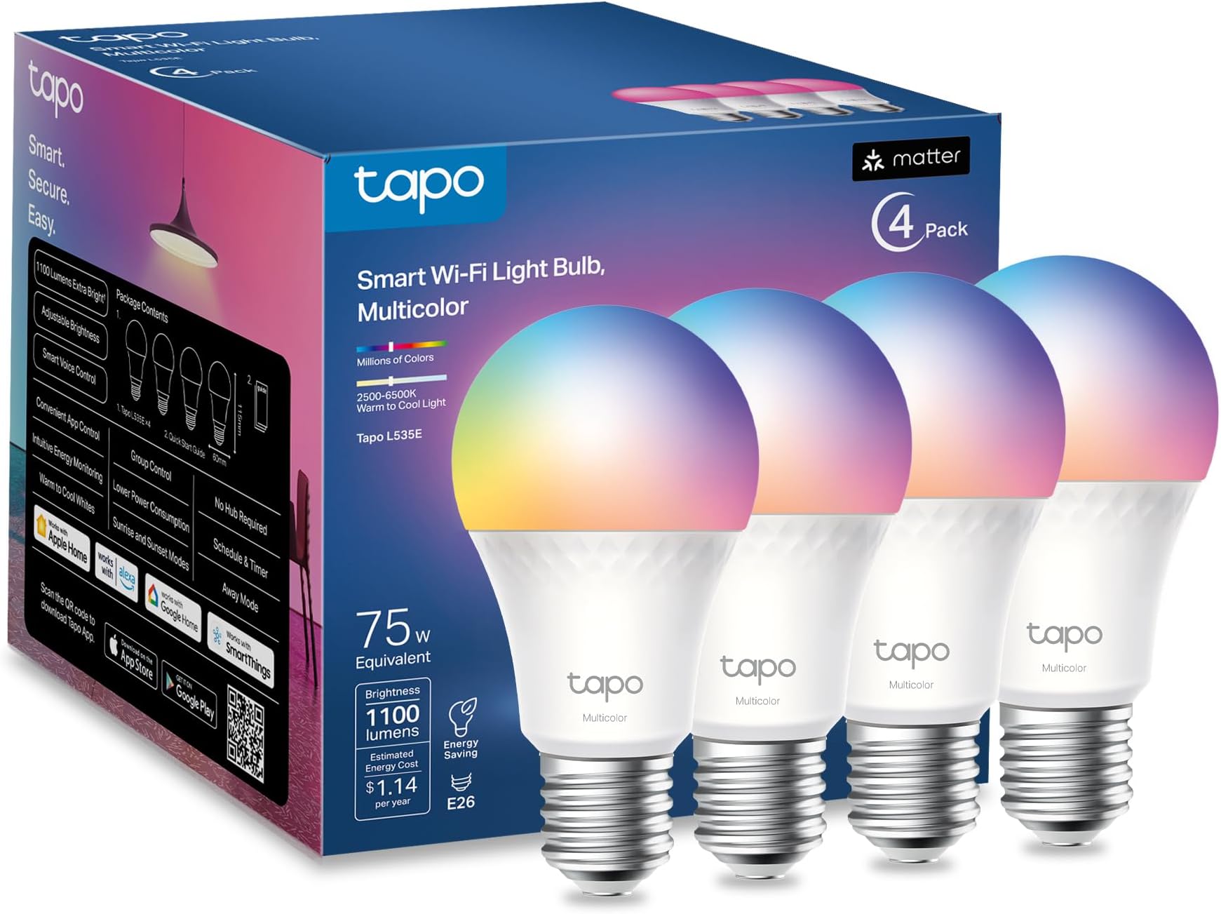 TP-Link Smart Light Bulbs, 1100 Lumens High Brightness (75W Equivalent), Matter-Certified, 16M Colors WiFi Light Bulb, Dimmable, Works w/Siri, Alexa & Google Home, A19 E26, L535E(4-Pack)