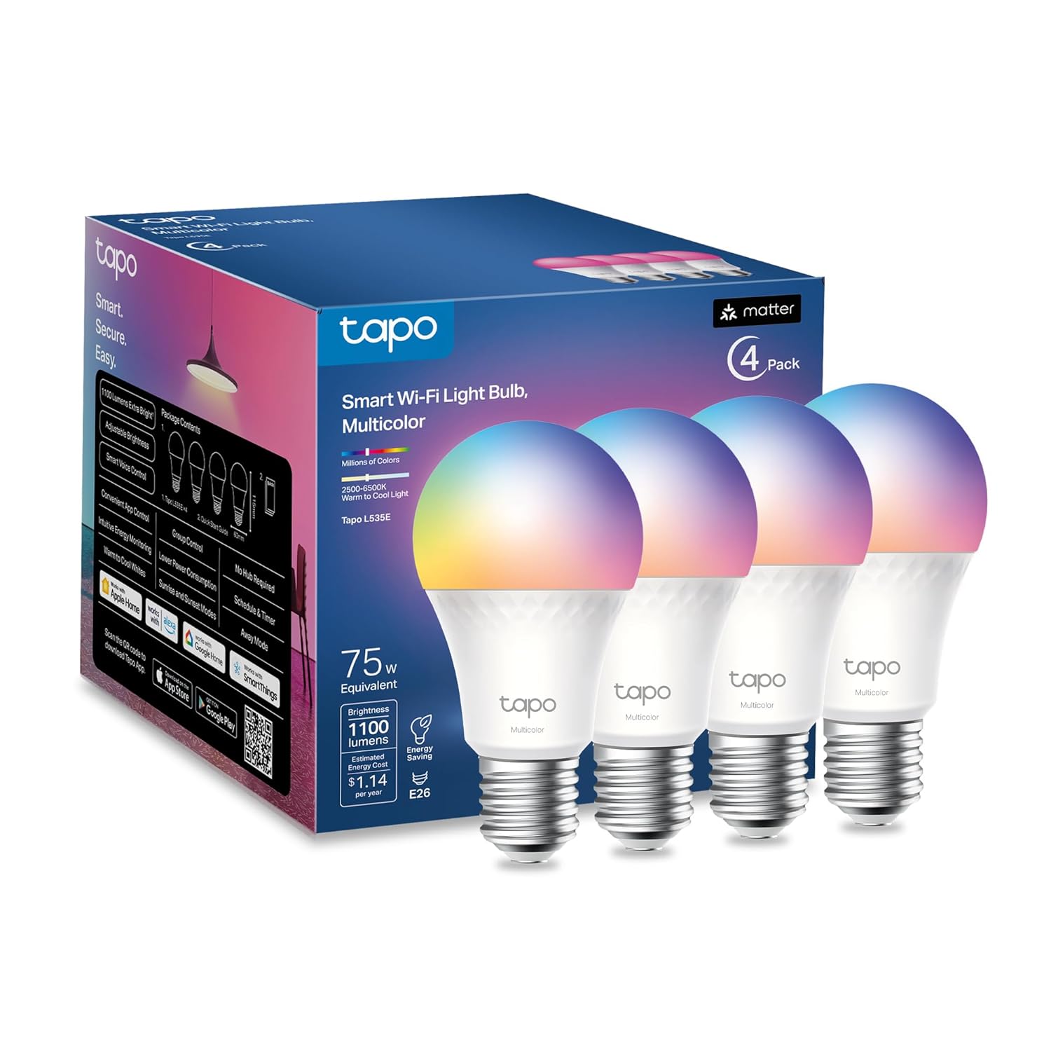 Tapo TP-Link Smart Light Bulbs 1100 Lumens High Brightness 75W Equivalent Matter-Certified 16M Colors WiFi Light Bulb Dimmable