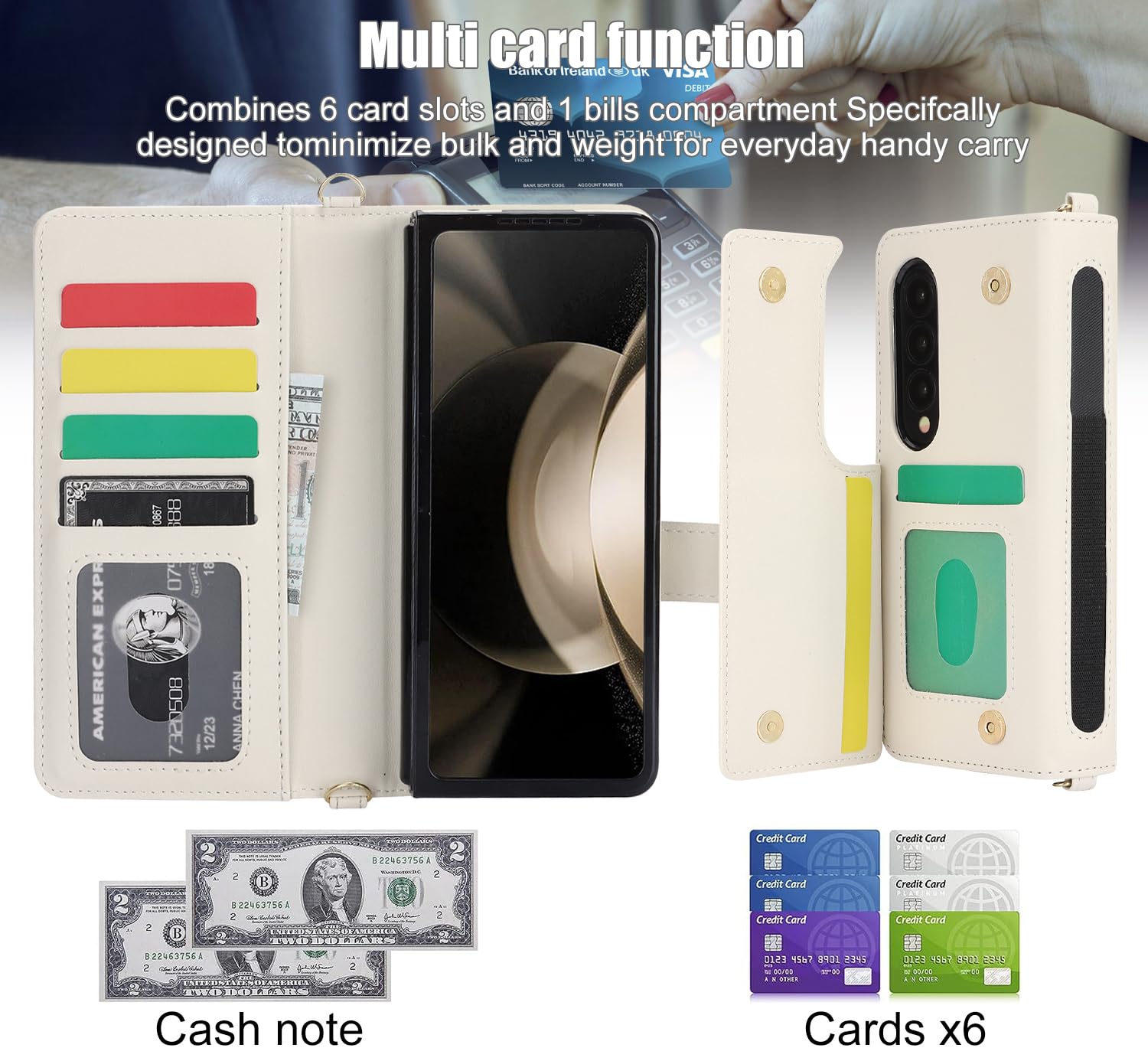 YYTVN for Samsung Galaxy Z Fold 4 Wallet Case with S Pen Holder & Crossbody Lanyard Strap & Wrist Strip, Shockproof Stylish Protective Cover for Galaxy Z Fold 4 (White)