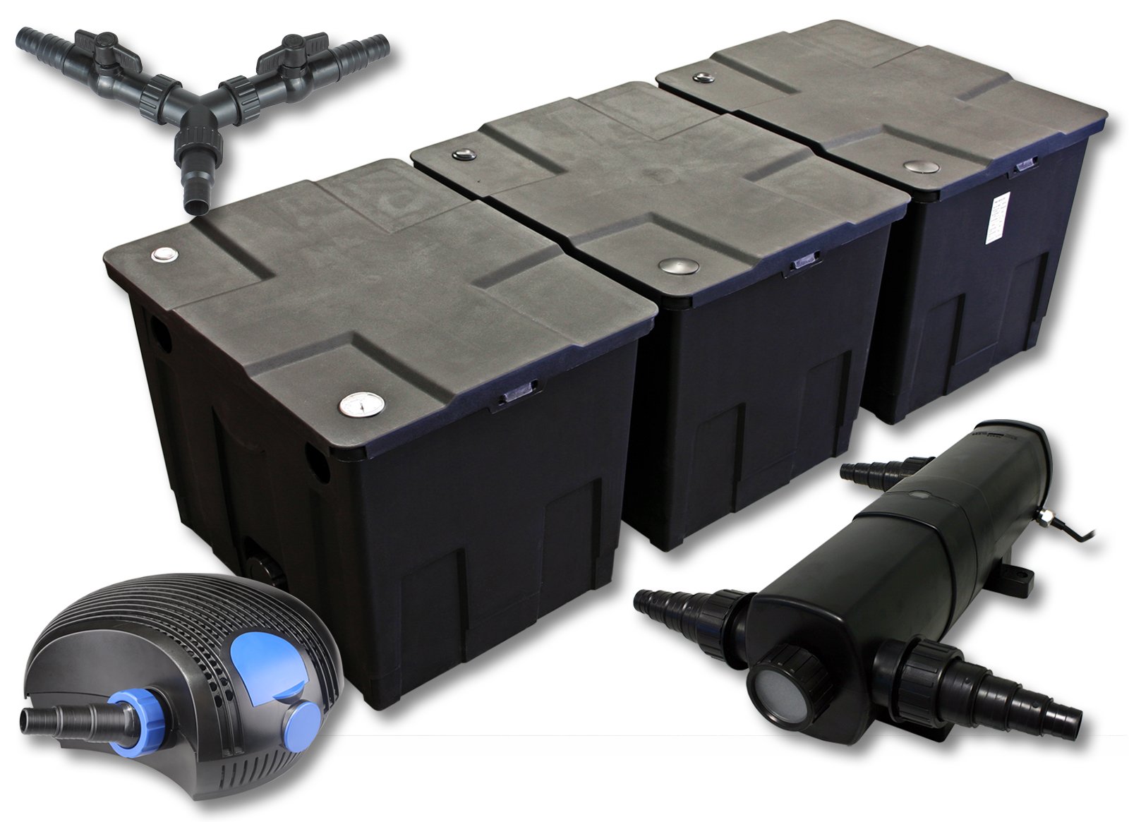 SunSun CBF-350C Teichfilter bis 90000 L Durchlauffilter, CTF-12000 SuperECO Teichpumpe 12000l/h 100W, CUV-236 UVC Klärer 36W, Y-Verteiler