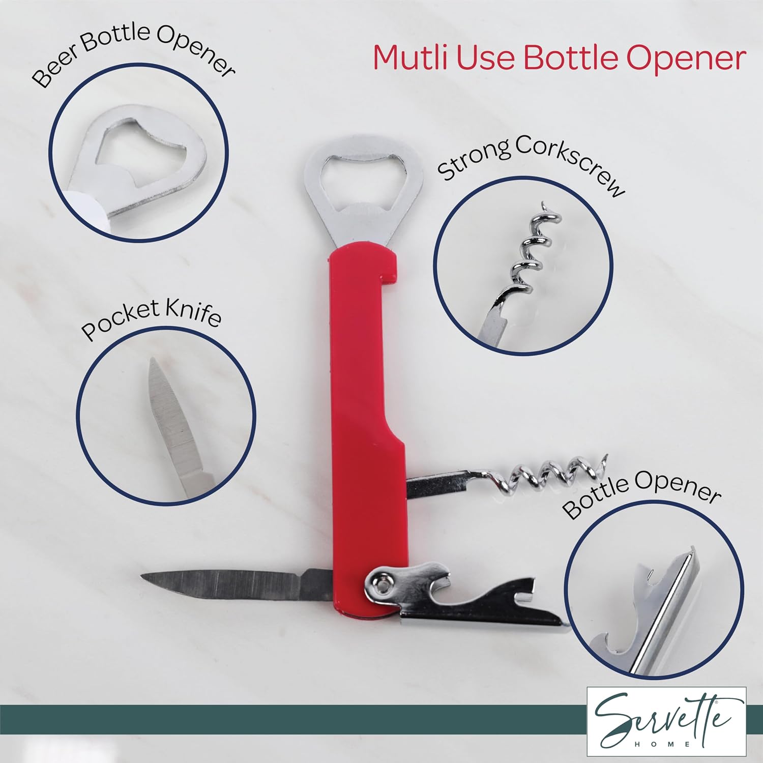 Waiter Corkscrew and Beer Bottle Opener Multifunction Tool (Red)