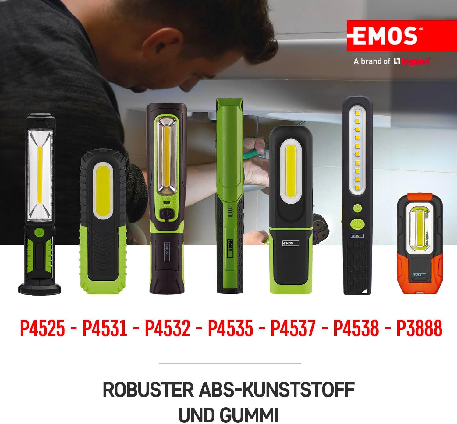 Close-up of the EMOS P4538 work light showing the USB-C charging port and the four-segment LED battery indicator.