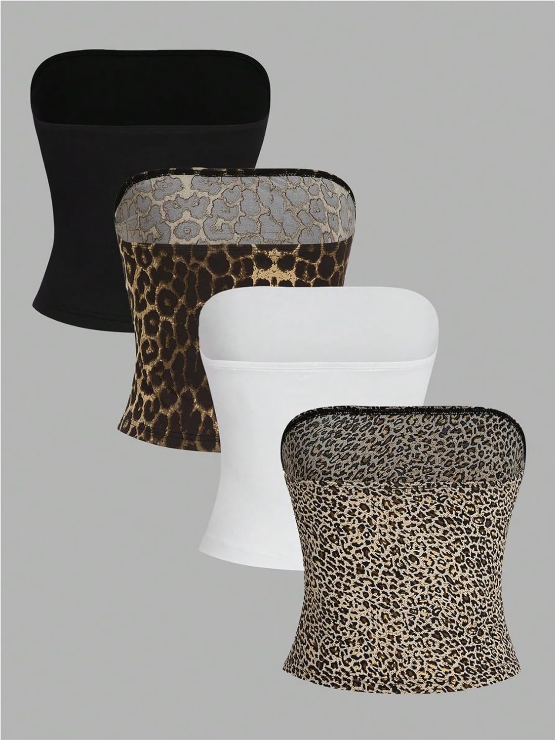 WDIRARA Women's 4 Pieces Leopard Print Tube Top Sleeveless Strapless Bandeau Crop Tops - Image 2
