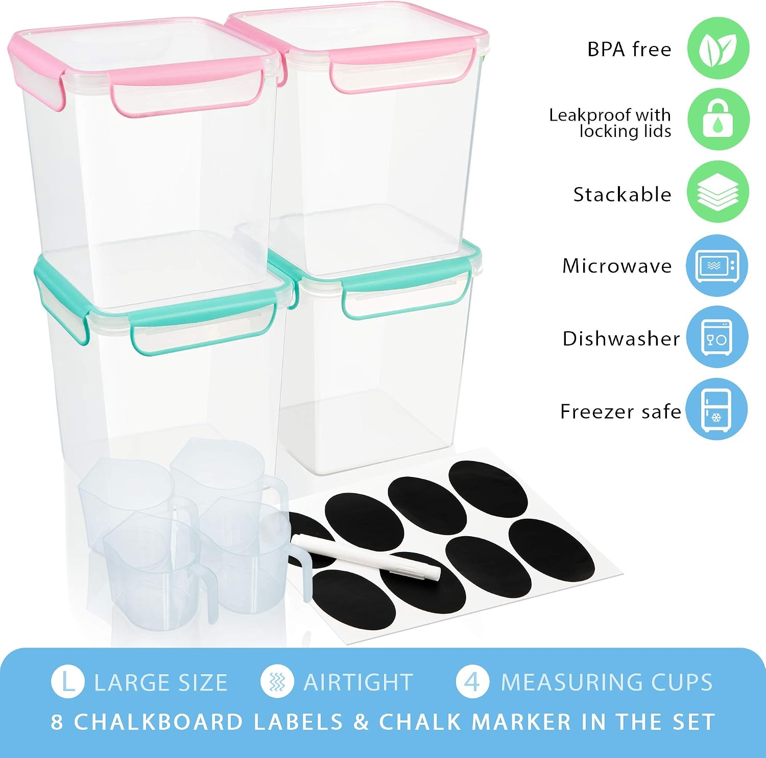 4 Large Airtight Food Storage Containers for Flour, Sugar 142oz - Kitchen Pantry Plastic Containers - Air Tight Canisters Set With Locking Lids - 8 Labels, Marker and 4 Measuring Cups(Pink,Aquamarine)