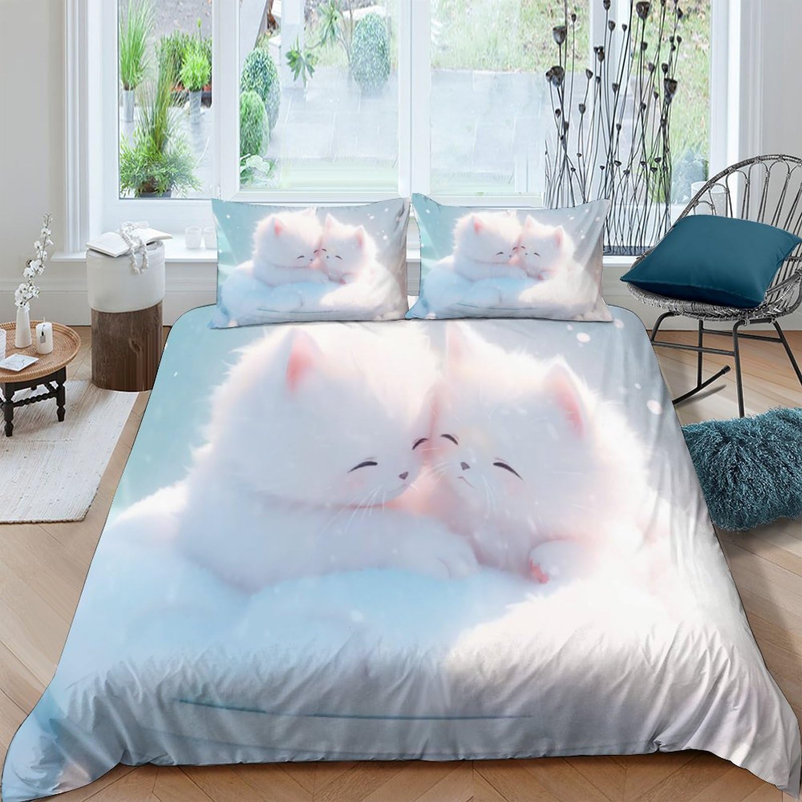 Housse de couette chat 3D parure de lit microfibre 3 pièces 200x200cm avec fermeture