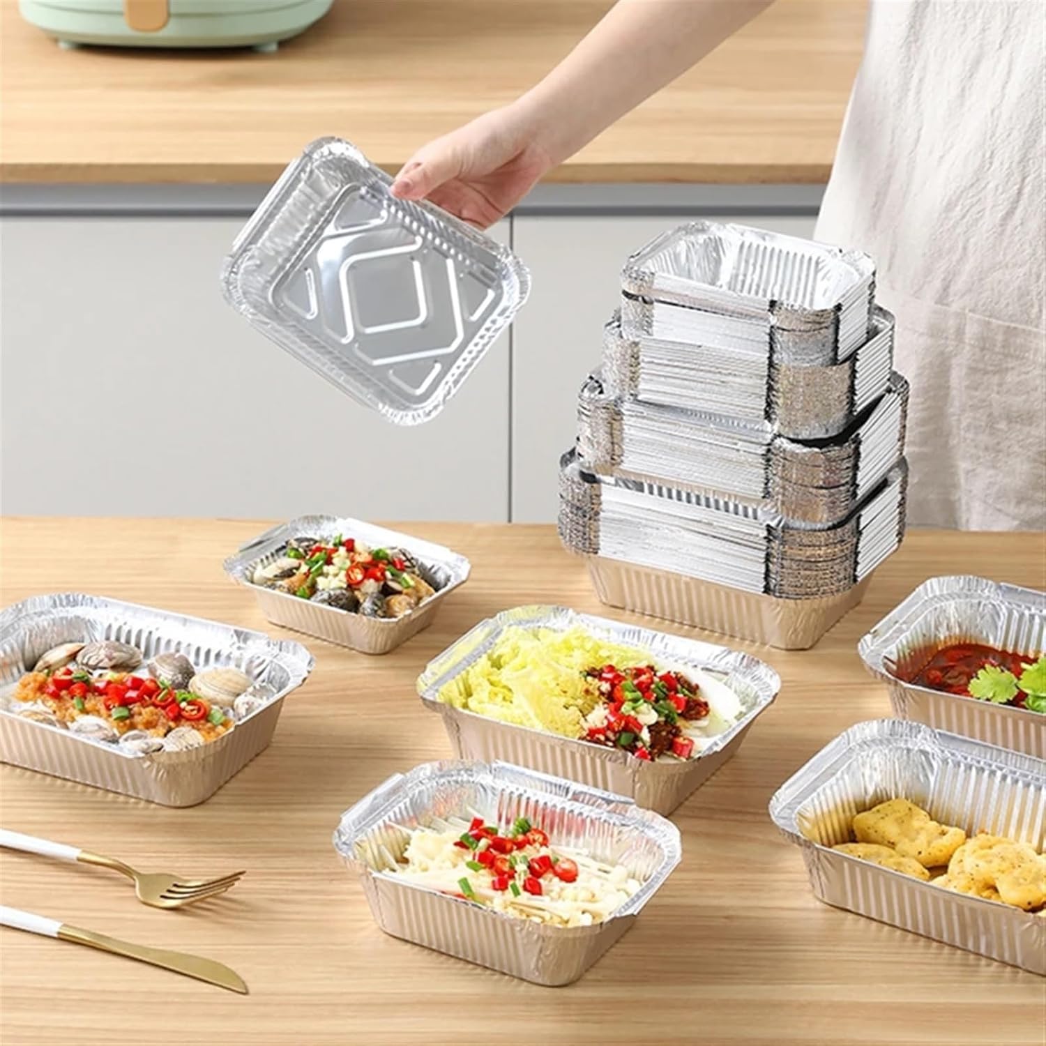 Silver Foil Food Container, 50PCS Aluminum Foil Tray Pan Thickened For Kitchen Cooking 13cm x 10cm x 4cm/5.12" x 3.94" x 1.57"