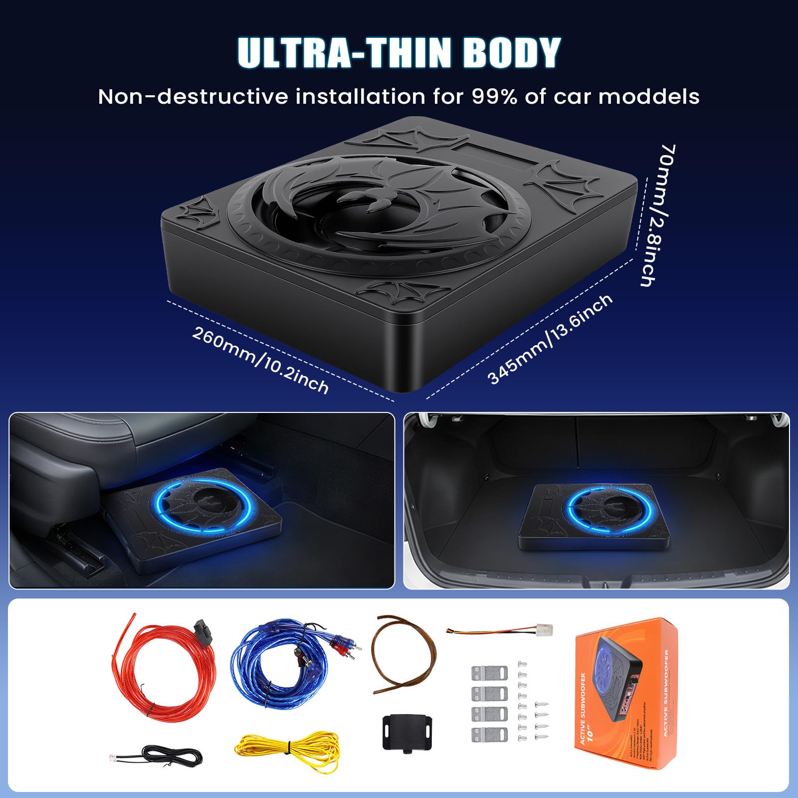 CAMECHO Subwoofer Ultraplano 1200W 70mm Bajo Asiento para Coche con Alimentación: Subsistema con Amplificador Integrado, Entrada de Alto y Bajo Nivel y Control de Volumen para SUVs y Camiones