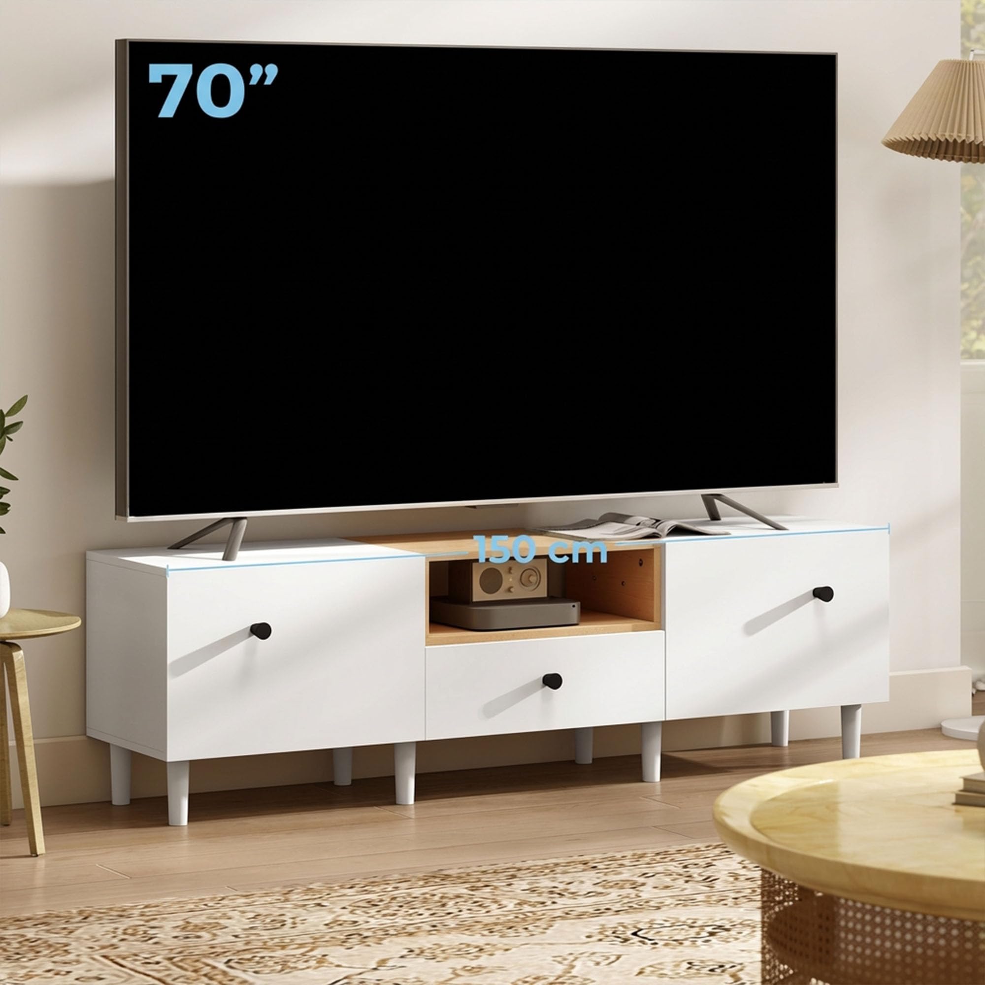 HOMCOM Mobile TV con 2 Ante a Ribalta, Cerniere Soft Close, Cassetto e Ripiano Aperto, Mobile Porta TV Fino a 70", 8 Gambe per Soggiorno o Camera da Letto, 150x35x45 cm, Bianco e Color Legno