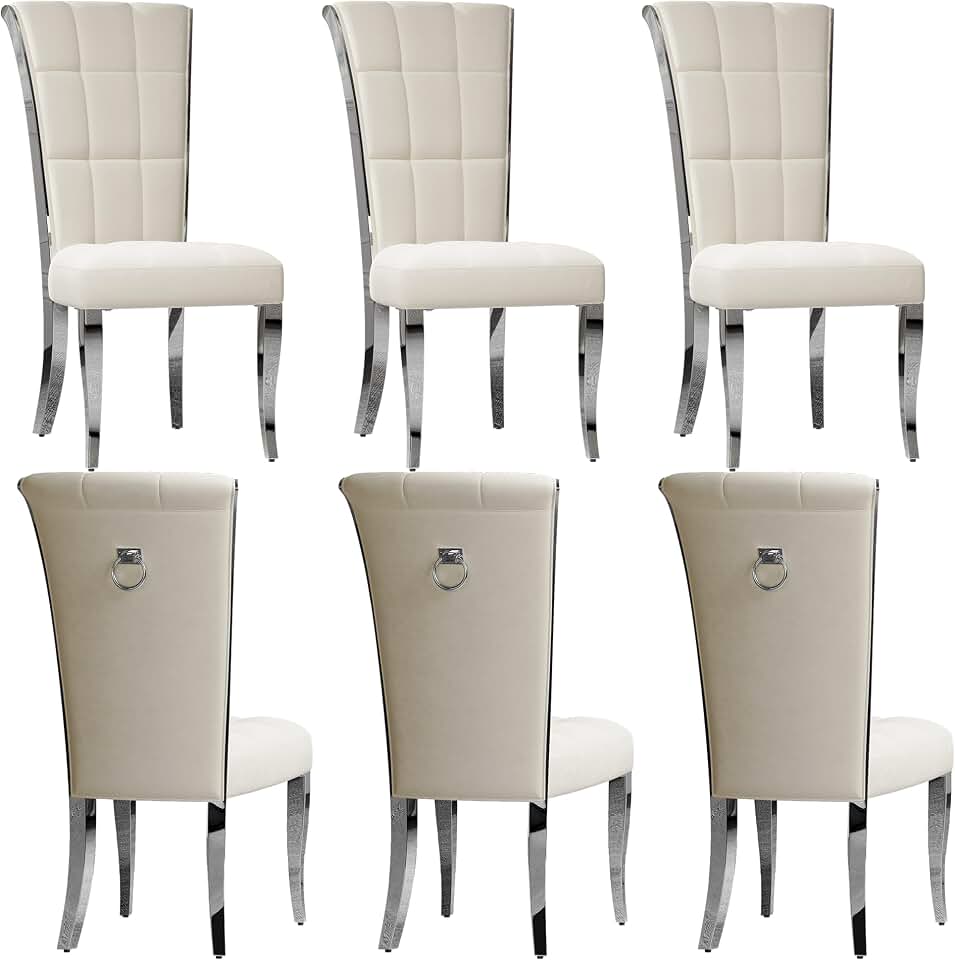 White and Silver Velvet Dining Chairs Set of 6, Modern Luxury Tufted Upholstered Dining Room Chairs with Polished Stainless Steel Curved Legs, High Back Kitchen Chairs for Dining Room
