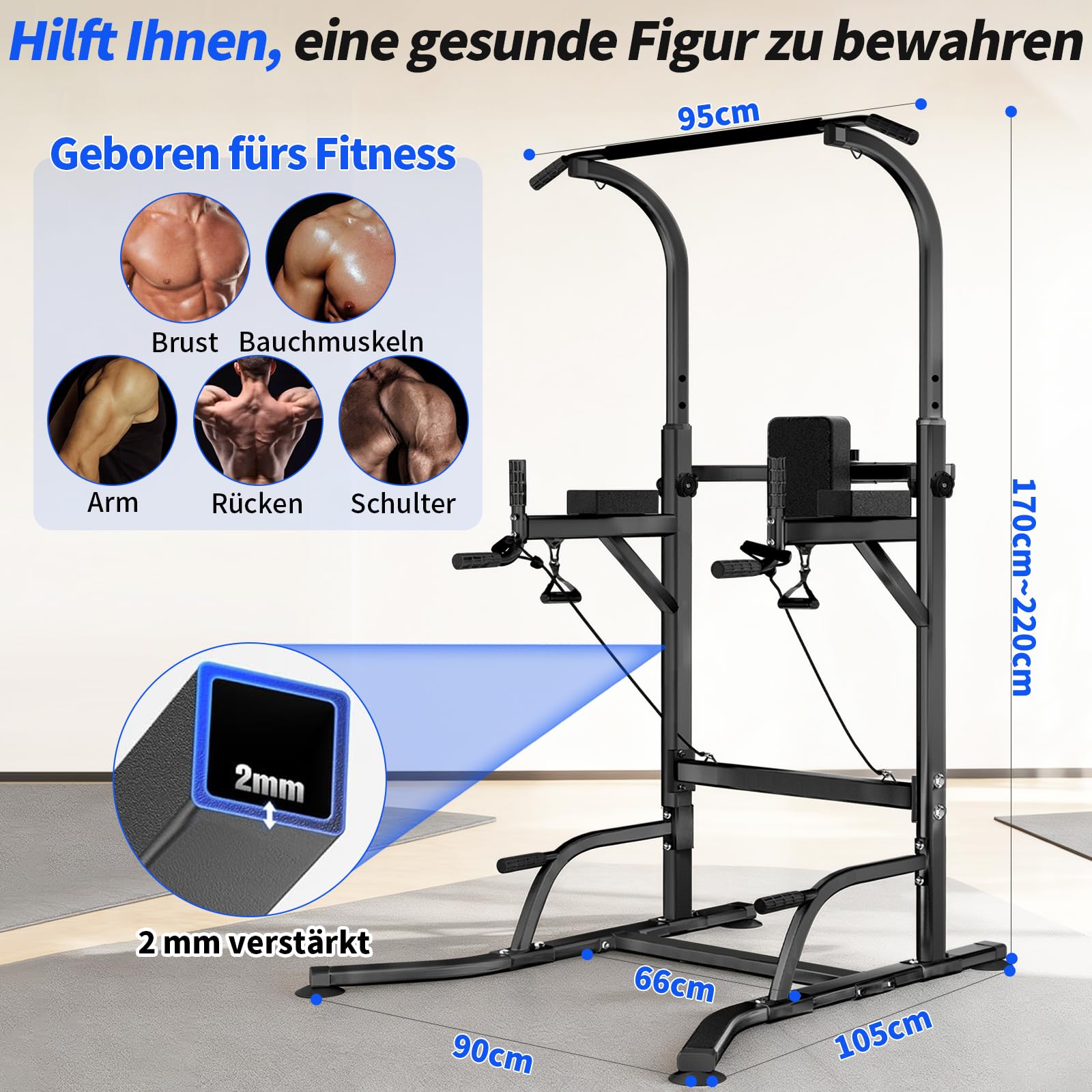 Power Tower Klimmzugstange Freistehend, Höhenverstellbar Klimmzug Dip Station Multifunktionales Heimfitness Gerät für Krafttraining und Körperübungen