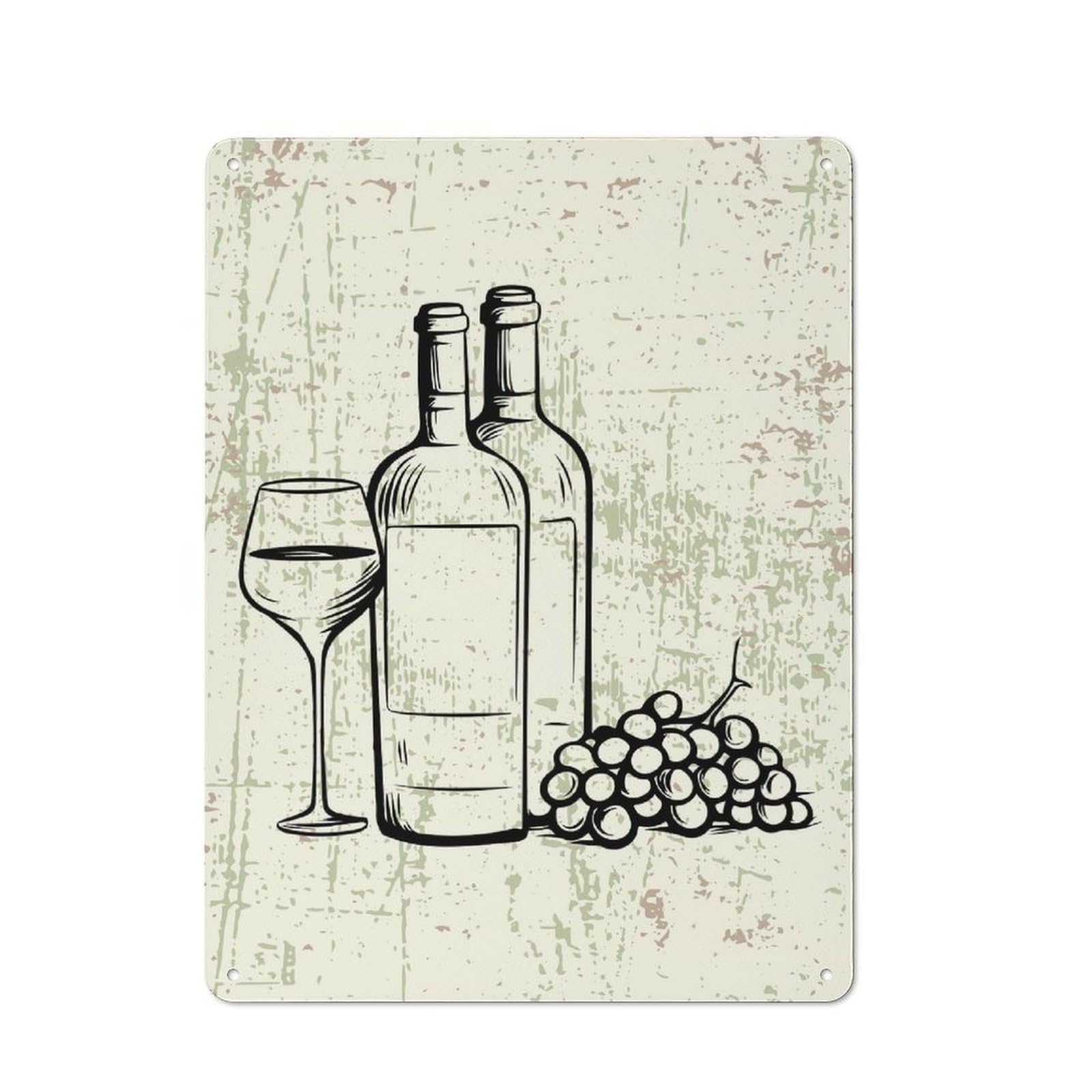 Junmoney Wine Bottle And Grapes Illustration Tin Wall Plaque 40X30cm With For Kitchen Or Home Bar, Suited To Kitchen Decor Lovers