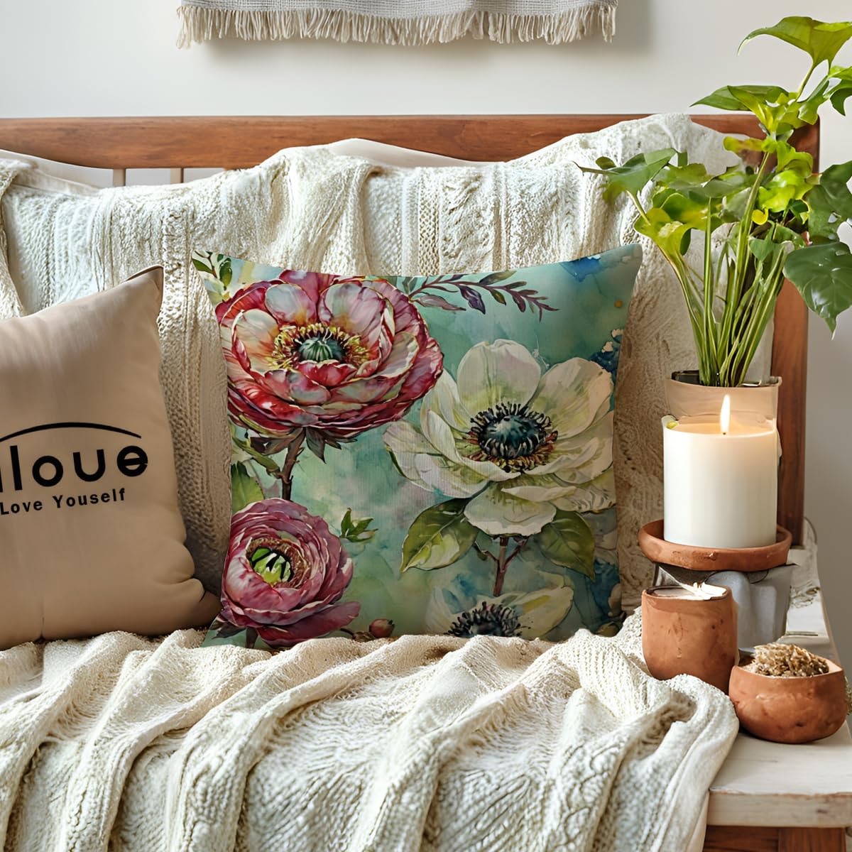 ULOVE LOVE YOURSELF Decorative Throw Pillow Case Oil Painting Floral Cushion Cover Spring Summer Garden Art Pillow Covers 18 X 18 Inches,4Pack White Anemone and Pink Peony Design for Sofa Couch Porch