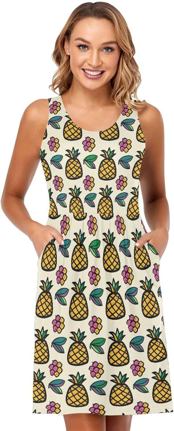 ALAZA Summer Dress Pineapple Cartoon Sun Dresses Sleeveless w/Pockets