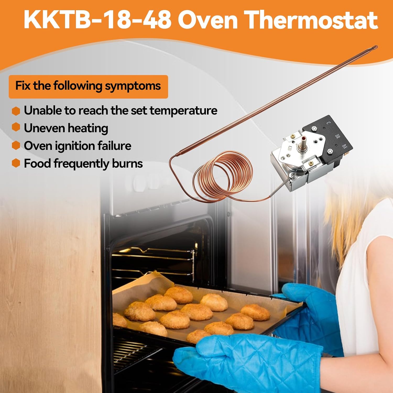 KKTB-18-48 Oven Thermostat Compatible with Robertshaw for Awoco Gas Range Stoves for Thor 07.12.0017-A0 for Forno, 5A 120VAC, Max Temperature 599°F, 48″ Capillary Tube