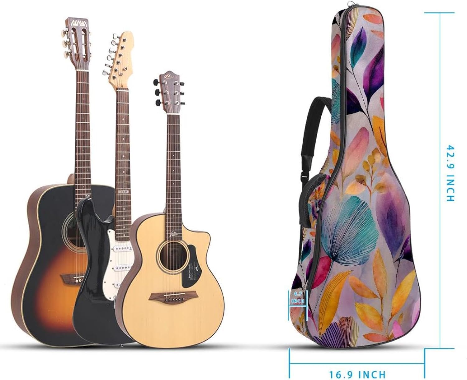 Watercolor Flowers Leaves and Plants Acoustic Guitar Gig Bag, 1 cm Thick Padding Waterproof Guitar Bag Backpack for 40 41 42 Inch Electric Bass Classical Guitars