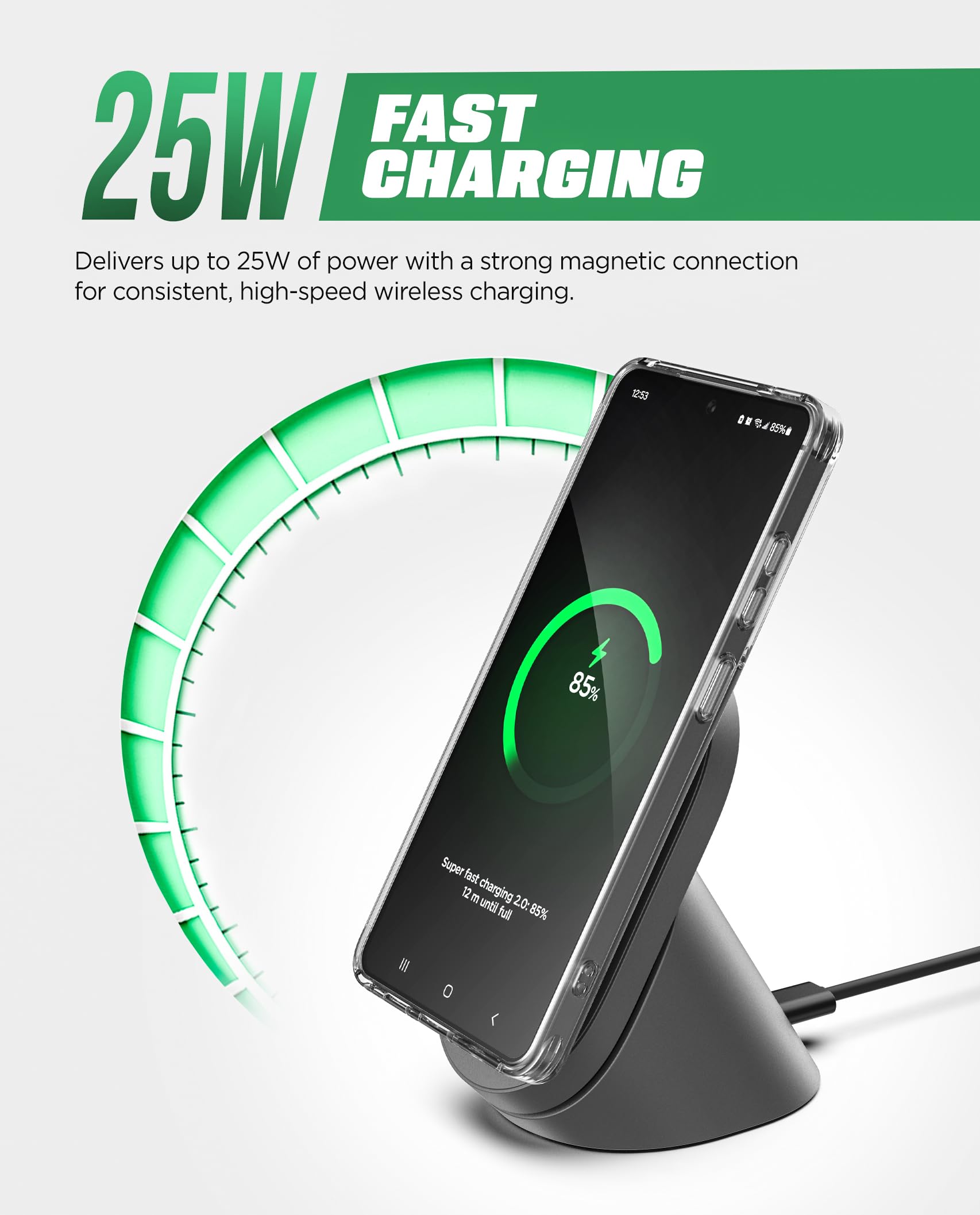 Support de charge magnétique certifié Qi2.2 (25 W) pour Samsung Galaxy S26 Ultra/S25 Plus - Compatible avec MagSafe, chargeur de bureau sans fil rapide avec adaptateur, refroidissement actif