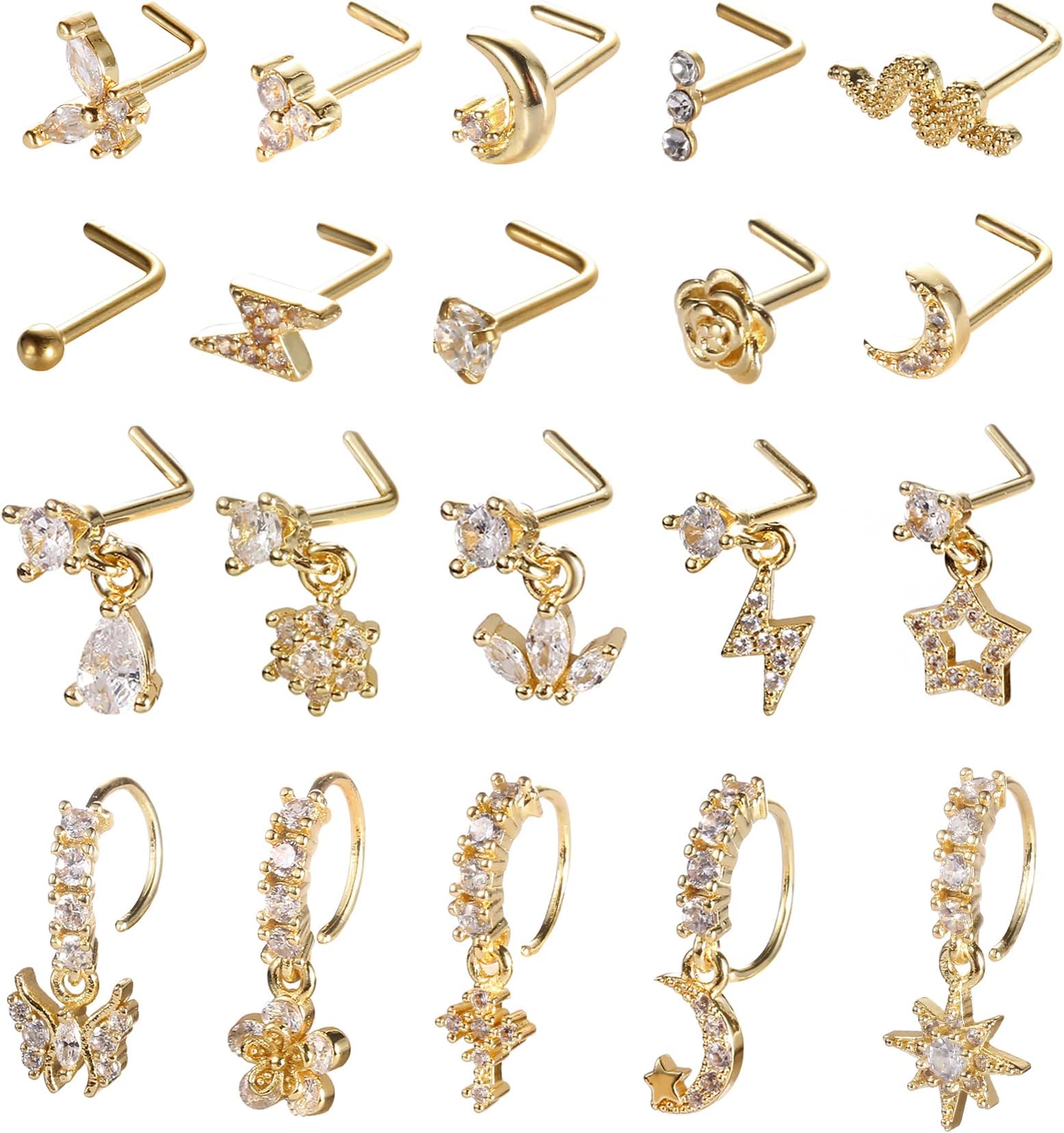 SAMOCO 20Pcs 20G Dangle Nose Ring L Shaped Dangling Nose Stud for Women Stainless Steel Nose Ring Studs CZ Flower Dangle Nose Rings Hoops Nose Piercing