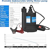 Vista 2 de Bomba de agua Bomba sumergible DC 12V Bomba de sumidero 1500 GPH Bomba de utilidad con interruptor-Negro