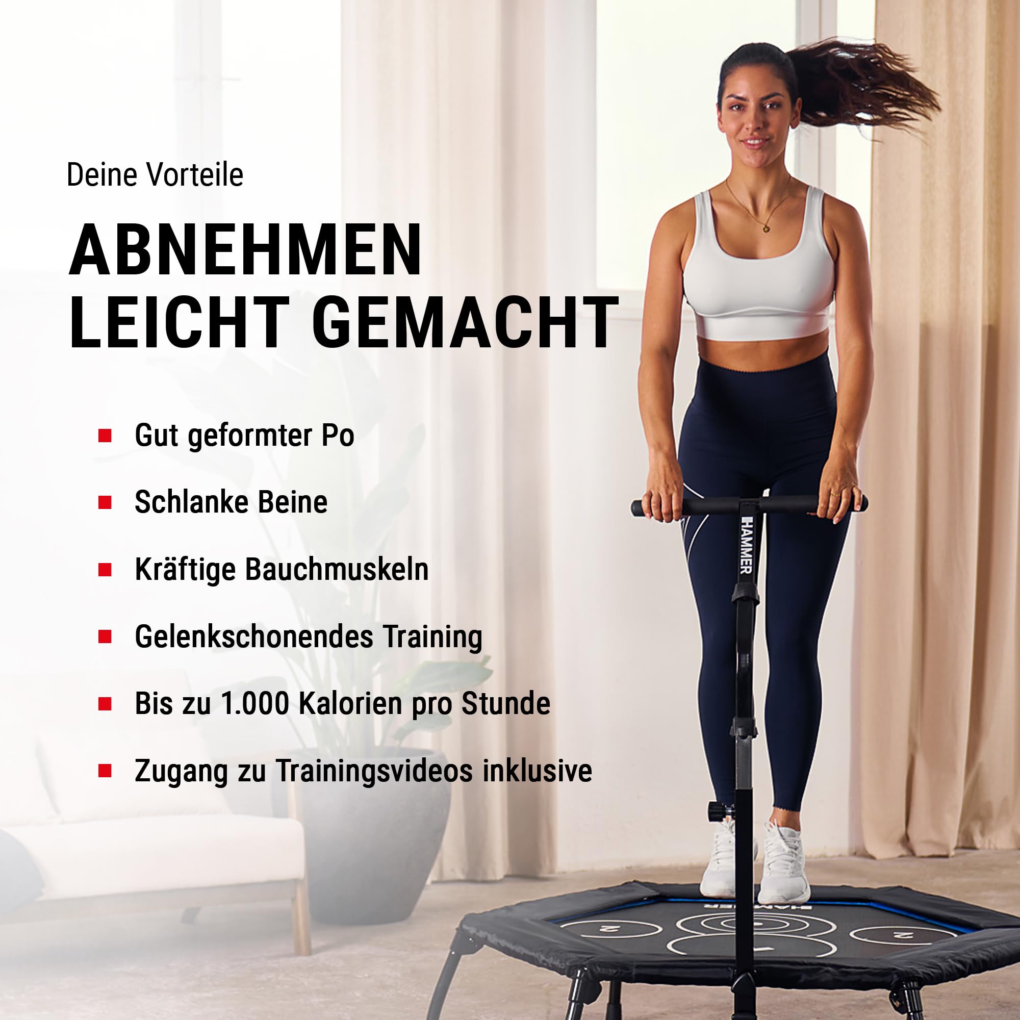 HAMMER Fitness-Trampolin Cross Jump, 98 cm Sprungfläche, patentierte Technik, mehrfach höhenverstellbarer Haltegriff, leistungsstark bis 130 kg Benutzergewicht
