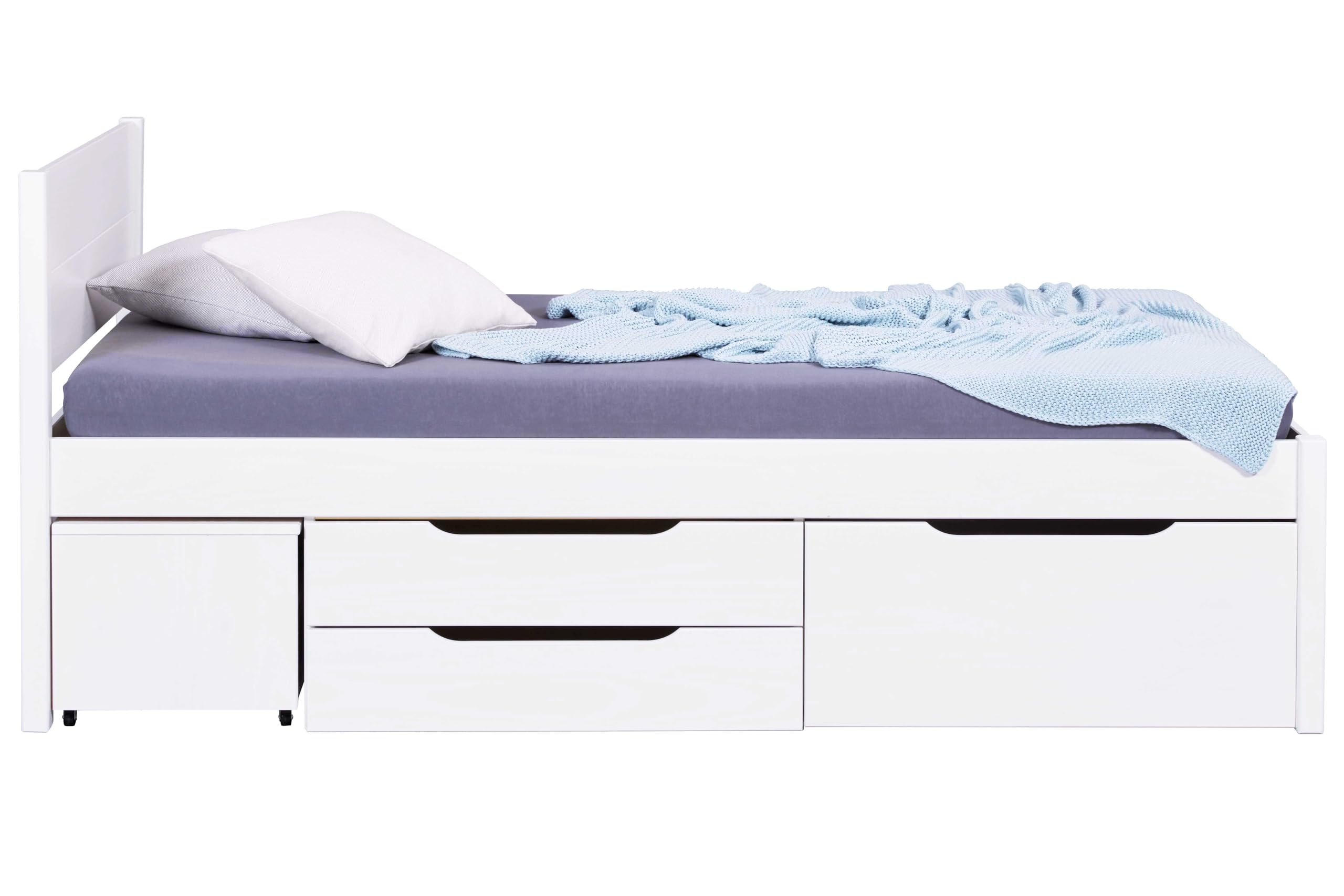 Inter Link, Letto singolo 90 x 200 cm, Letto a scomparsa con contenitore, Pino massiccio, 2 cassetti grandi e 1 cassetto, Base a doghe inclusa, Laccato bianco, Efetivo 140 x 200 cm