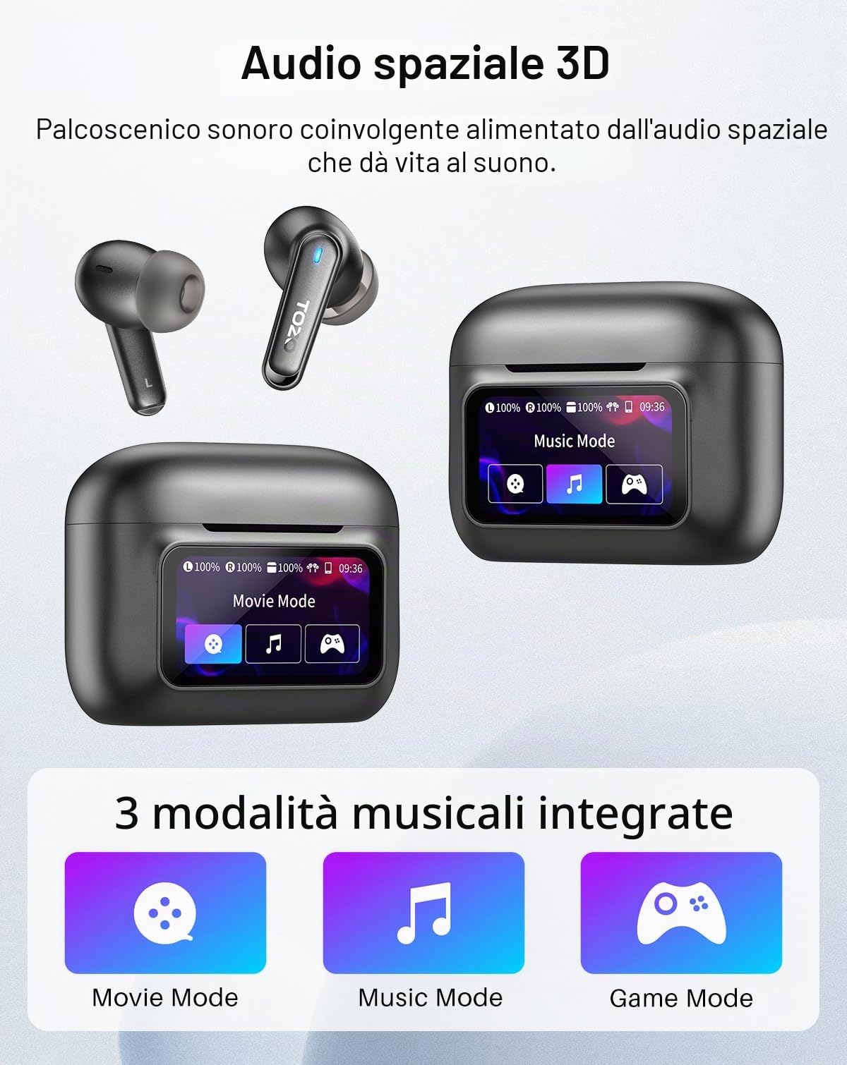TOZO Auricolari ibridi con cancellazione attiva del rumore con touch screen intelligente, riproduzione MP3 locale, auricolari wireless ANC da 38 dB, 4 Mic ENC, bassi profondi, 38H, IPX8, auricolari