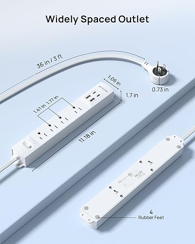 Miniatura 9 de TROND Regleta de alimentación de enchufe plano USB-5 pies, protector de sobretensiones para montaje en pared, 2 cargadores tipo C y 2 puertos USB A
