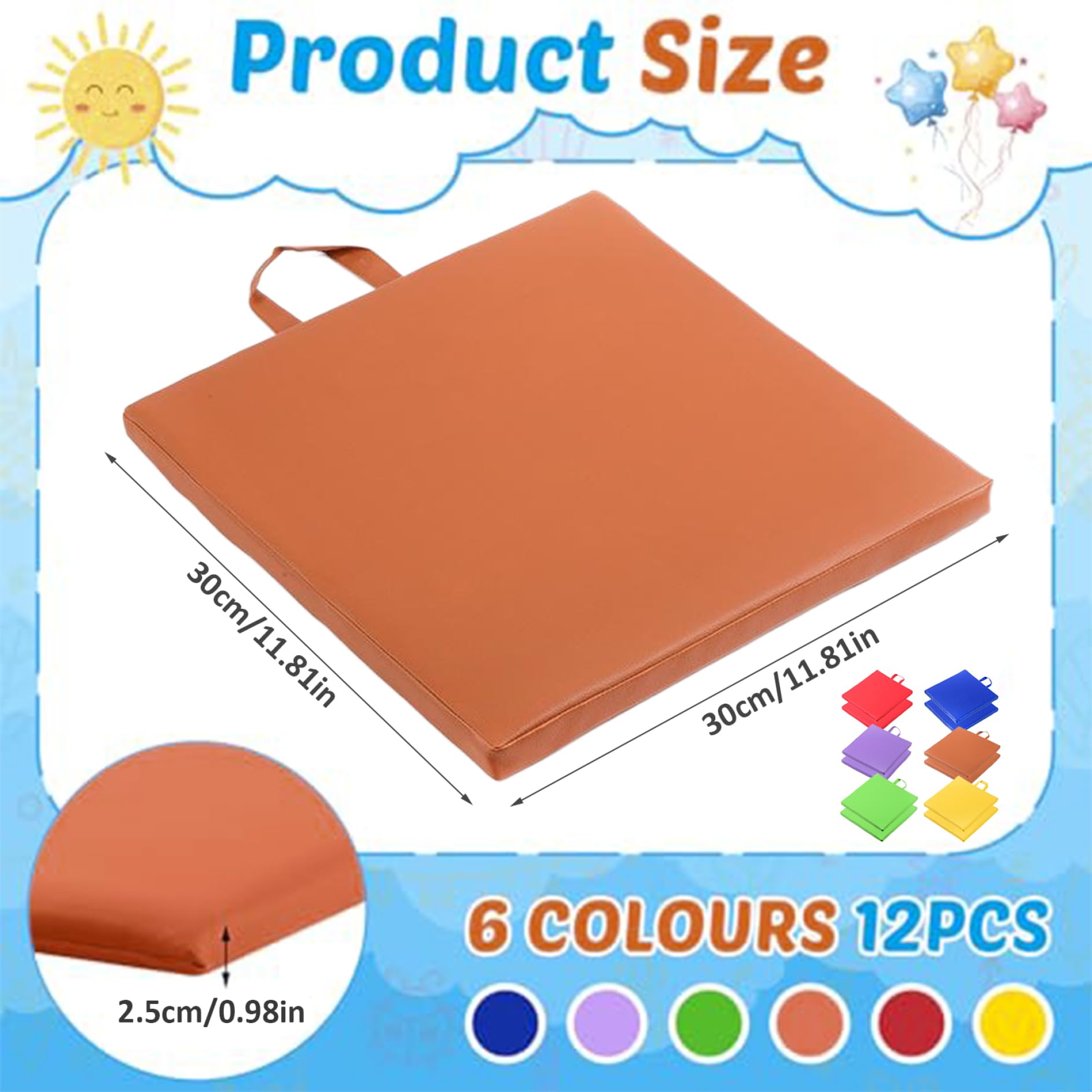 Cuscini per pavimenti per classe, cuscini per pavimenti da 12 pezzi da 12 pollici con maniglia, sedili a sedere flessibili morbidi per bambini, asilo nido, in età prescolare (6 colori)