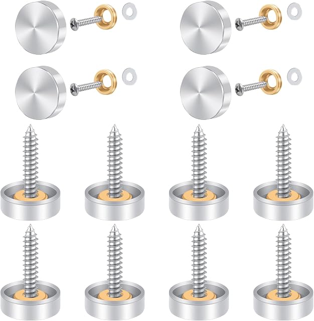 12 Sets Mirror Screws, Bolatus 16mm Decorative Cap Covers Brushed Mirror Nails Polished Stainless Steel Mirror Screws Cap Nail with Washers for Mirror Tables Bath Plates Wardrobes Glass Signs