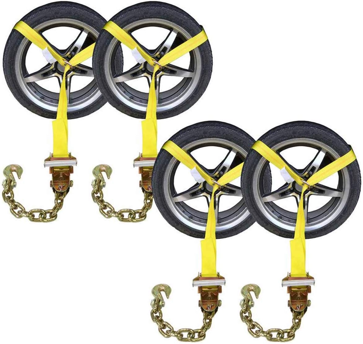 Best Deal US Cargo Control Side Mount Wheel Net with Ratchet and Chain Extension - Easy to Use Wheel Strap for Vehicle Tie Down Applications - Working Load Limit of 3,333 Pounds - 4 Pack