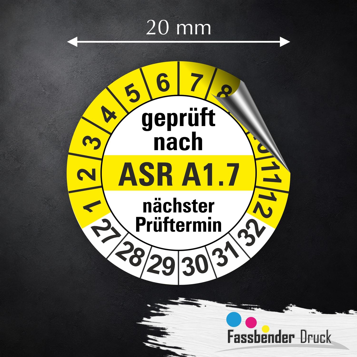 Hochwertige Prüfetiketten ASR A1.7 Prüfung Ø 20mm - Selbstklebende PVC-Folie - Wartungsetiketten für Prüfung - Prüfplakette für Prüfungsnachweis (1000 Stück)
