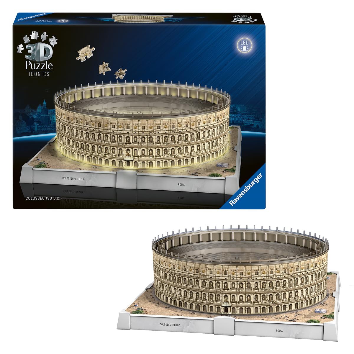Ravensburger - Puzzle 3D Colisée Lumineux - Monument à Construire sans Colle - 216 Pièces - Socle LED Multicolore - Dès 10 Ans - Lampe Déco - 12008034