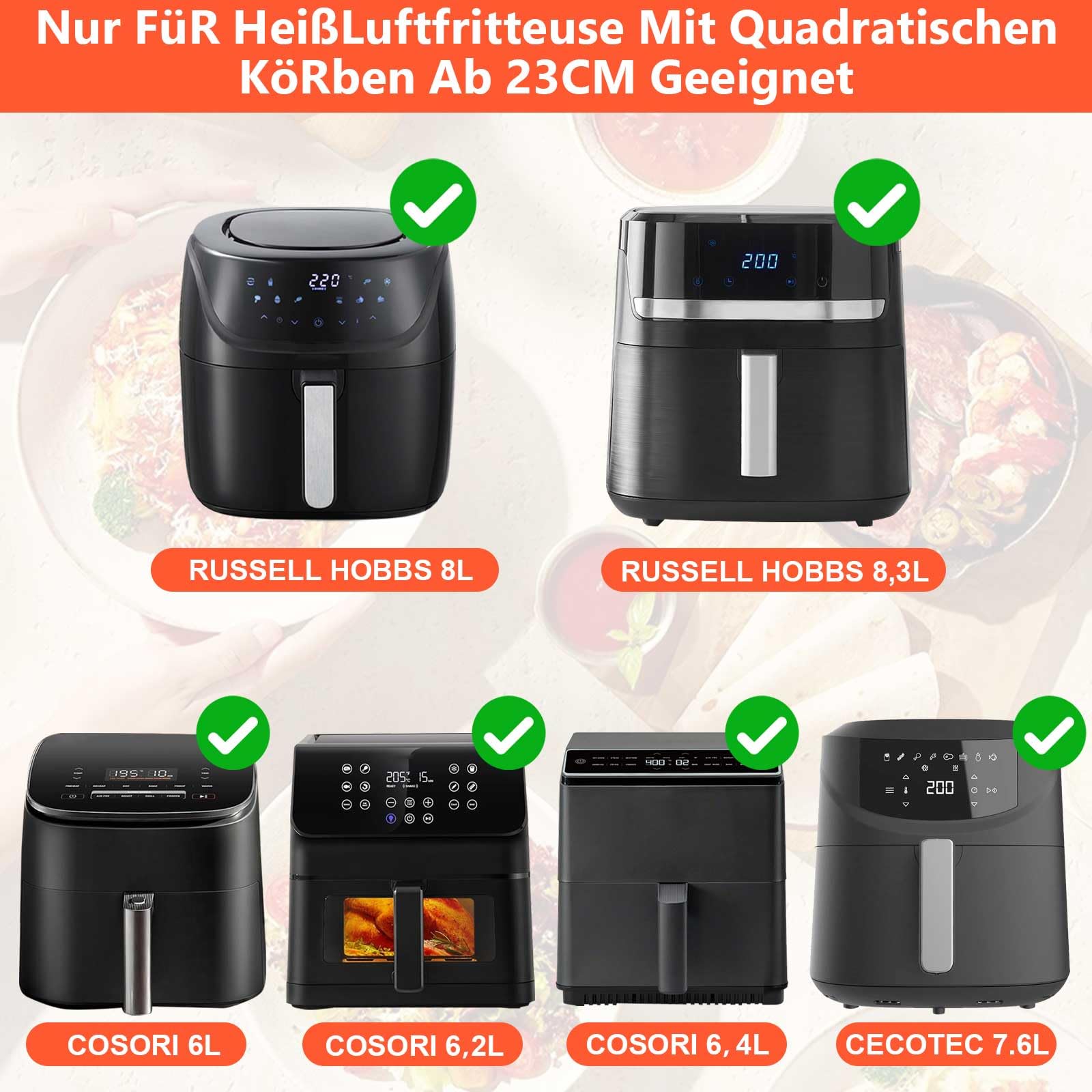 YINGRACE Akcesoria do frytkownicy na gorące powietrze, 23 cm, XXL do Russell Hobbs 8 l, mogą być używane w dwóch warstwach, 4 szt. akcesoria Airfryer z patelnią do pizzy, forma do muffinek, papier do