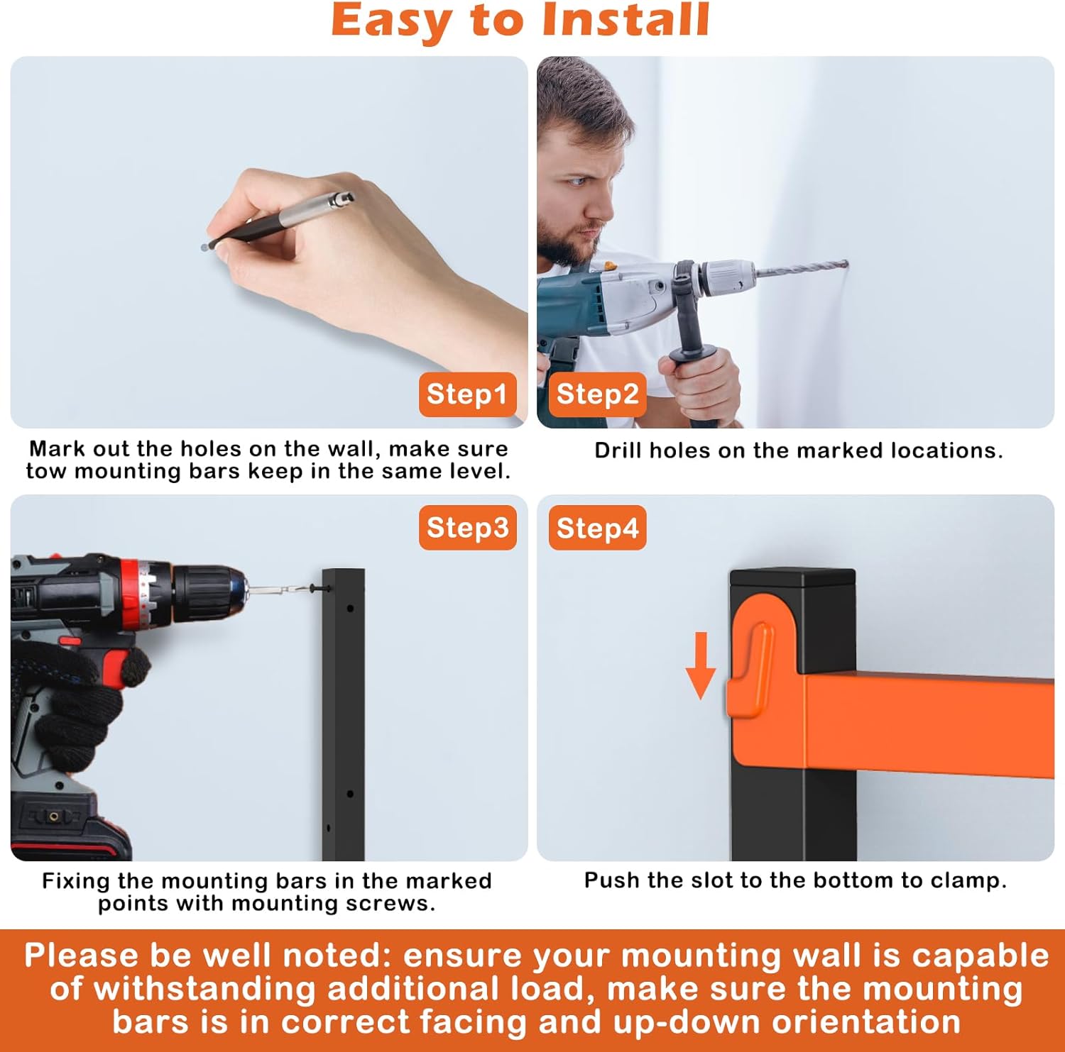 PINPON 4-Pack Heavy Duty Wall Mount Lumber Storage Rack, 4-Level Snap-Fit Wood Organizer with 16.8” Arms & 6.2” Shelf Spacing, 110 lbs Per Tier, for Garage & Workshop Indoor Outdoor Use, Black+Orange