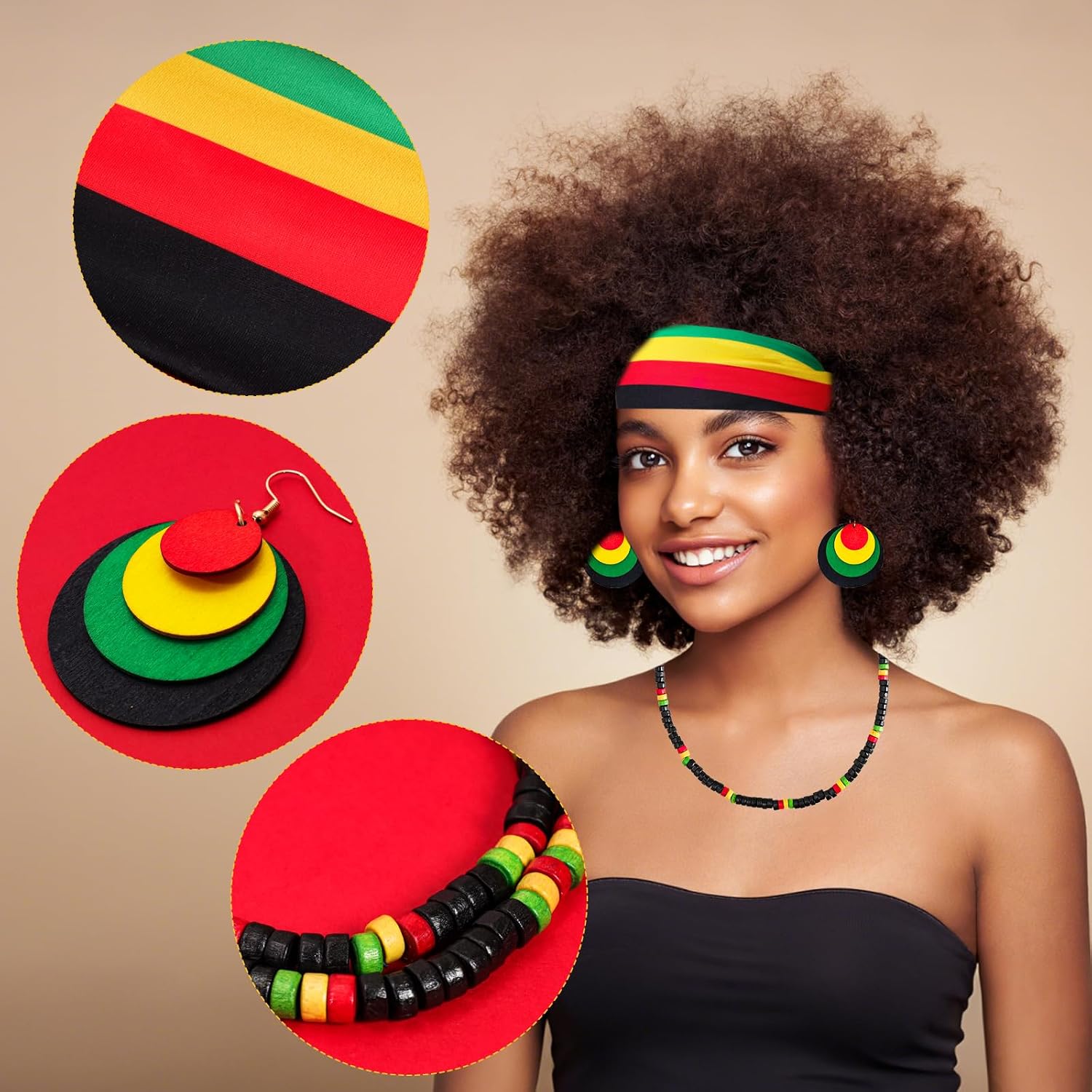 Fumwase Juneteenth African Accessories for Women Wood African Jewelry Sets Rasta Head Wraps BlackHistory Bracelet Necklace Earrings
