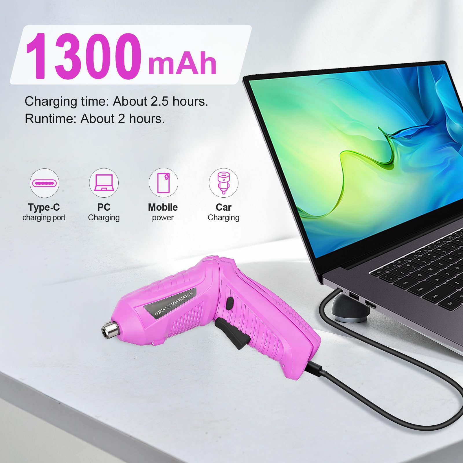 Mini Avvitatore a Batteria 3.6V 1300mAh Ricaricabile USB, Cacciavite Elettrico 47 Pezzi, Coppia 3.6Nm, 2 Posizioni 90°-180°, Luce LED Nero