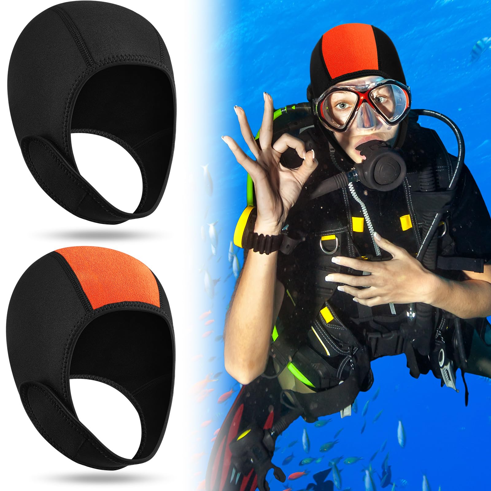 Jecery 2 Pcs Neoprene Diving Hood Thermal Wetsuit Hood Cap Swim Caps with Chin Straps Snorkeling Neoprene Surf Beanie 2.5 mm Diving Headgear for Men Women Sailing Water Sports