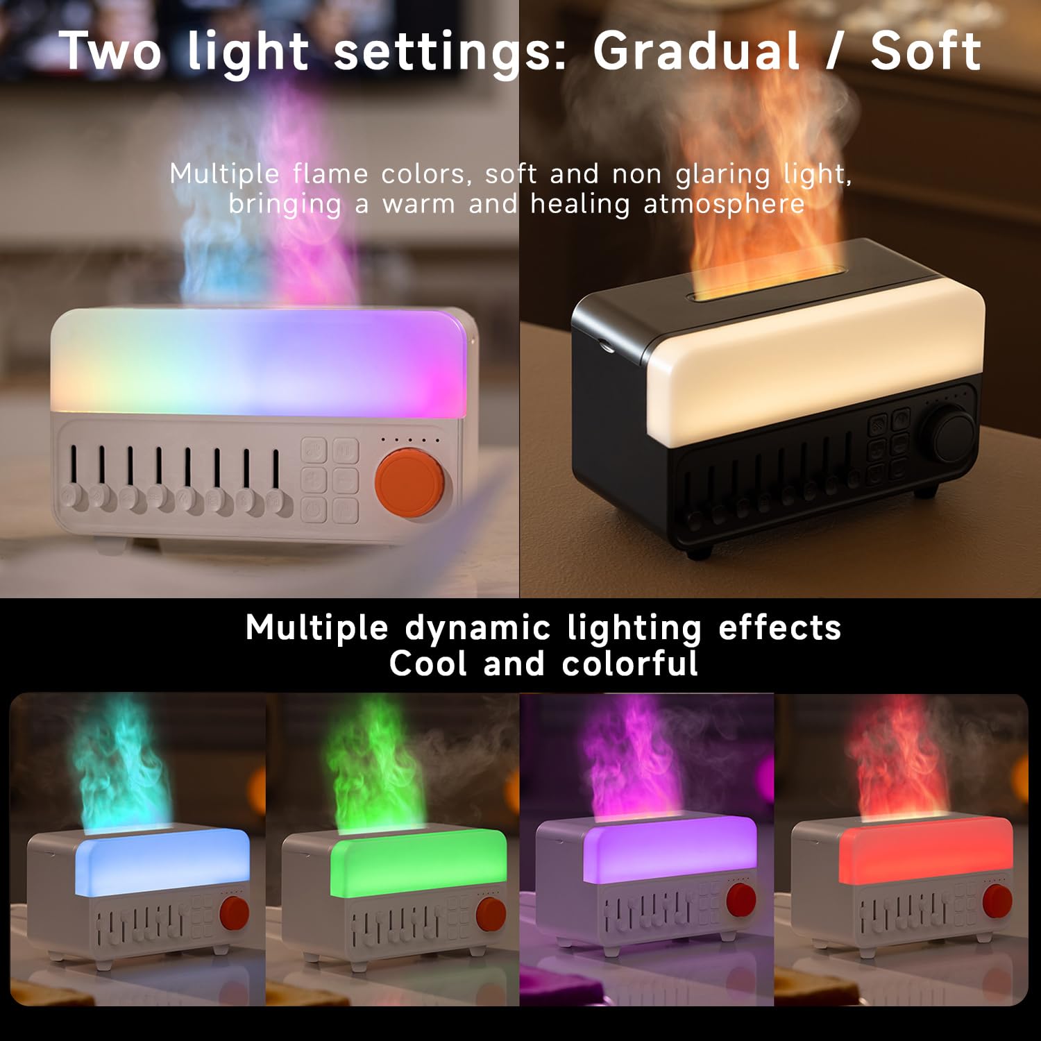 QUMOX A14 Umidificatore con Rumore Bianco, Effetto Fiamma, Speaker Bluetooth e Serbatoio 150ml – Nebulizzazione Ultrasonica, Luce RGB Respirante, Timer 5 Ore, per Camera da Letto e Ufficio Nero