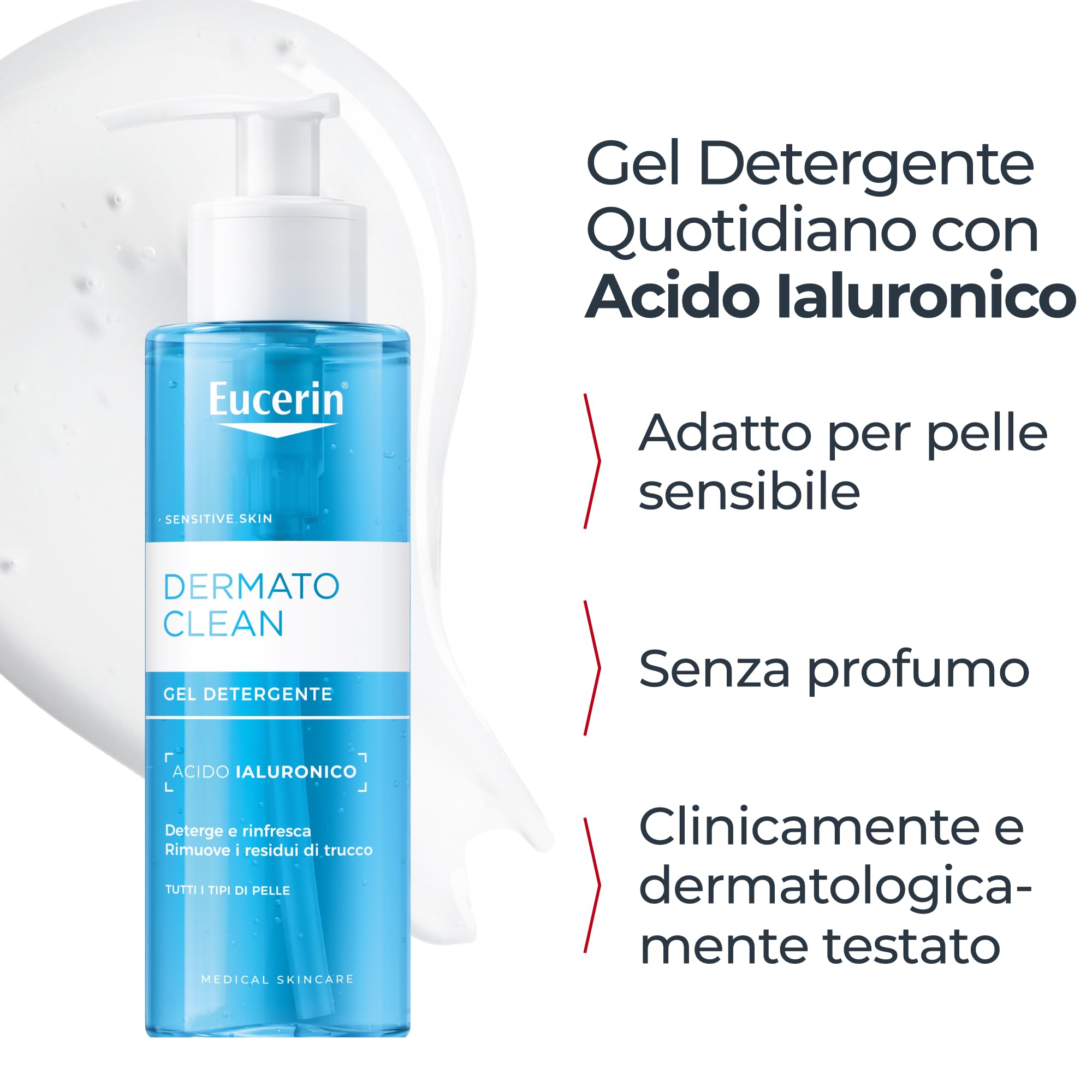 Eucerin DermatoClean Gel Detergente Viso 200 ml, Foaming cleanser idratante e rinfrescante, Struccante viso con Acido Ialuronico, Senza profumo, Per tutti i tipi di pelle, anche sensibile