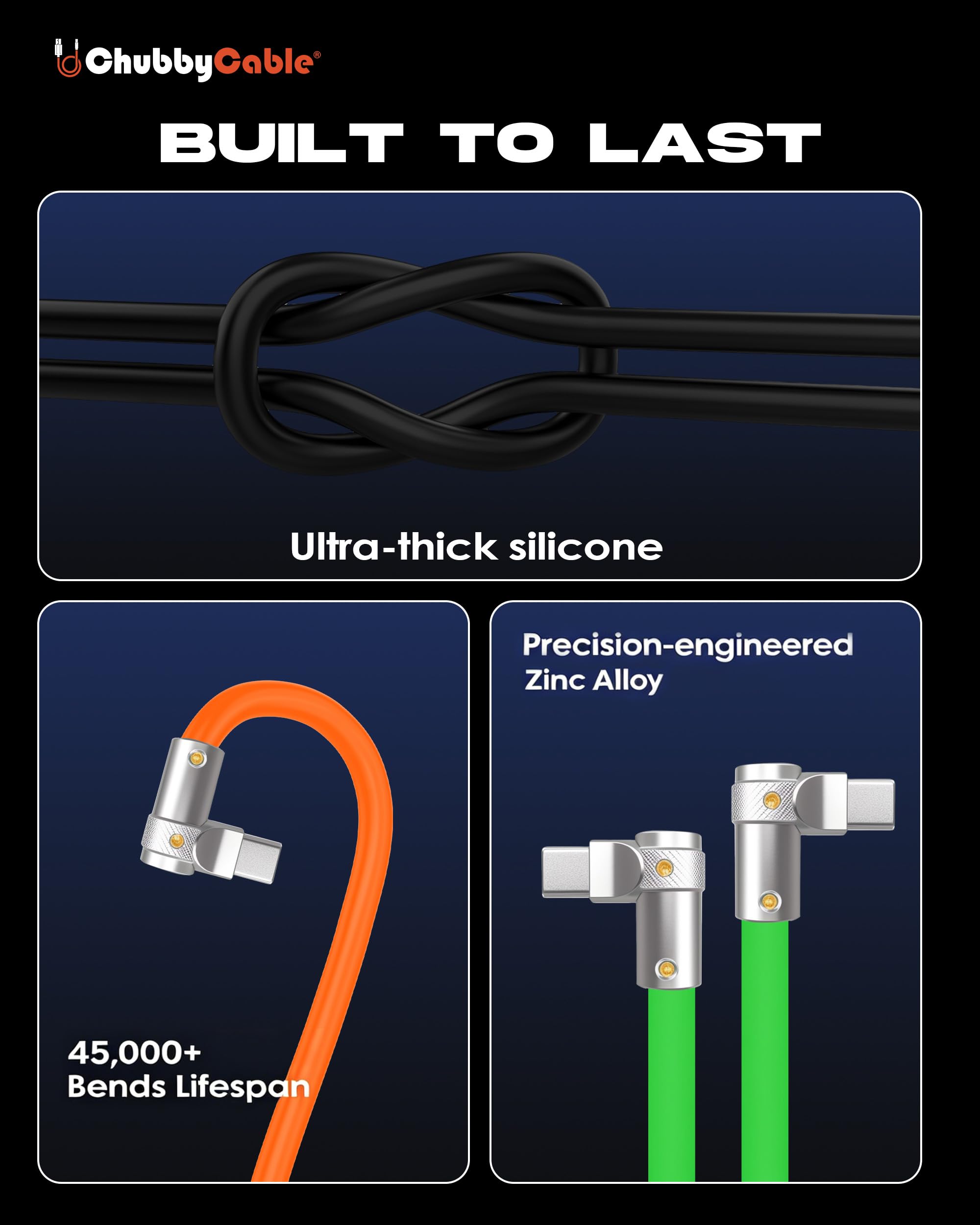 chubbycable FlexElbow - Cavo di ricarica rapida a 90 gradi, 240 W, ad angolo retto, cavo di ricarica USB C, in silicone, compatibile con iPhone serie 17-15, iPad, nero, da tipo C a tipo C, 4 m
