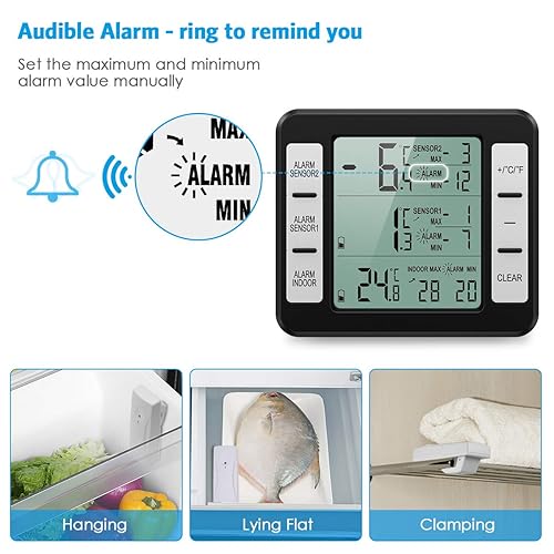 Miniatura 4 de AMIR - Termómetro para refrigerador, termómetro inalámbrico para interiores y exteriores, monitor de temperatura con alarma audible, medidor de