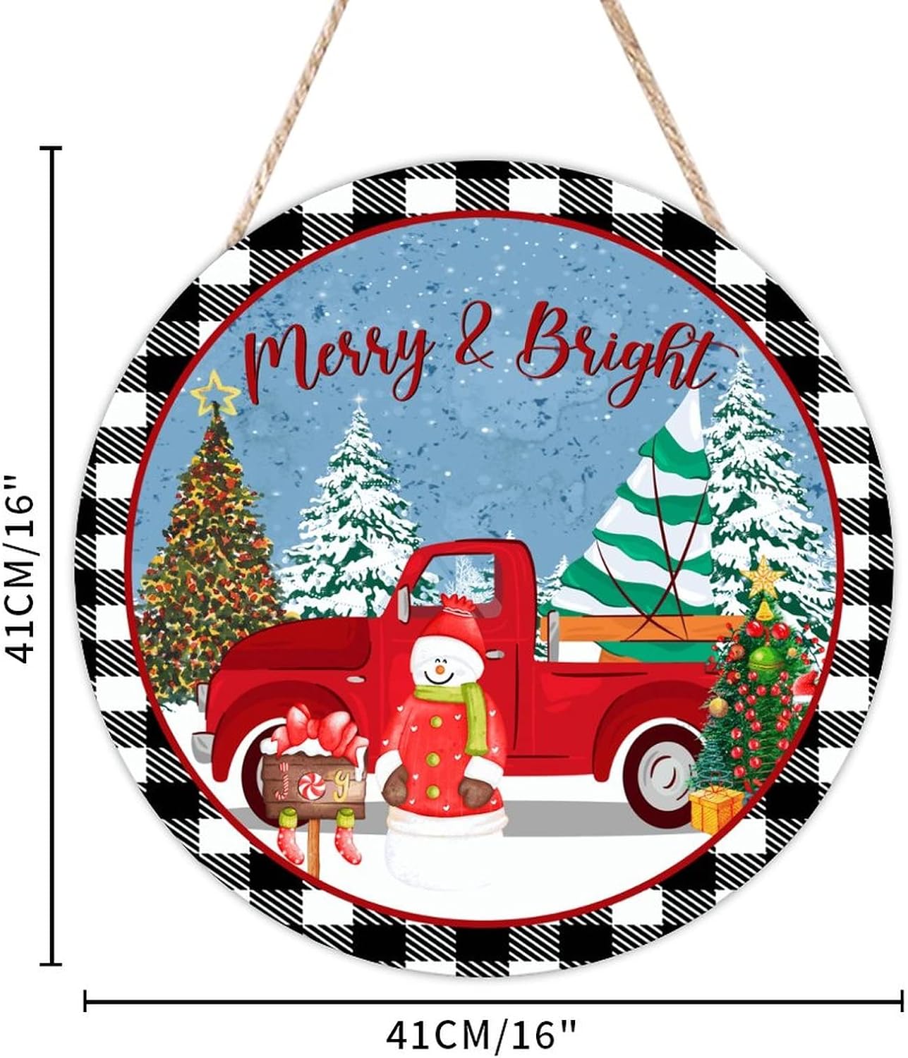 Snowflake Welcome Wall Hanging Sign Plaque, Merry & Bright Welcome Wood Door Sign, Truck 16x16in Welcome Front Door Sign Farmhouse Backyard Door Hanger Wall Decor Housewarming Gifts