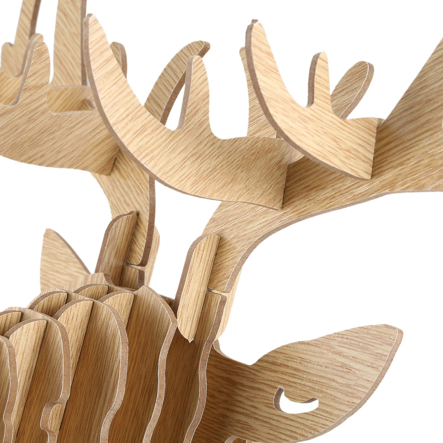 Lobamop Tête de cerf en bois sculptée 3D - Décorative et collier - Beige