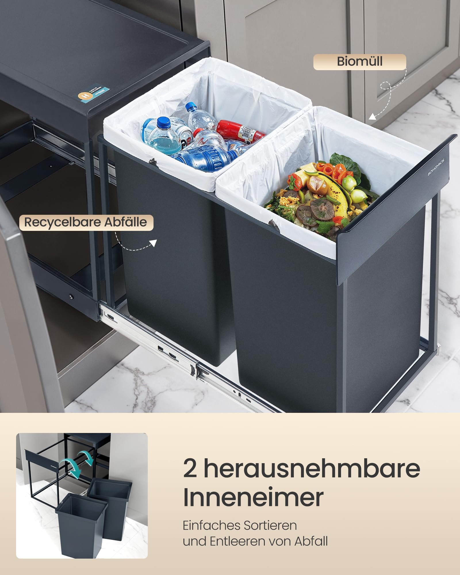SONGMICS Mülleimer küche 2 x 20 L ausziehbar Mülltrennsystem Stahlrahmen grau