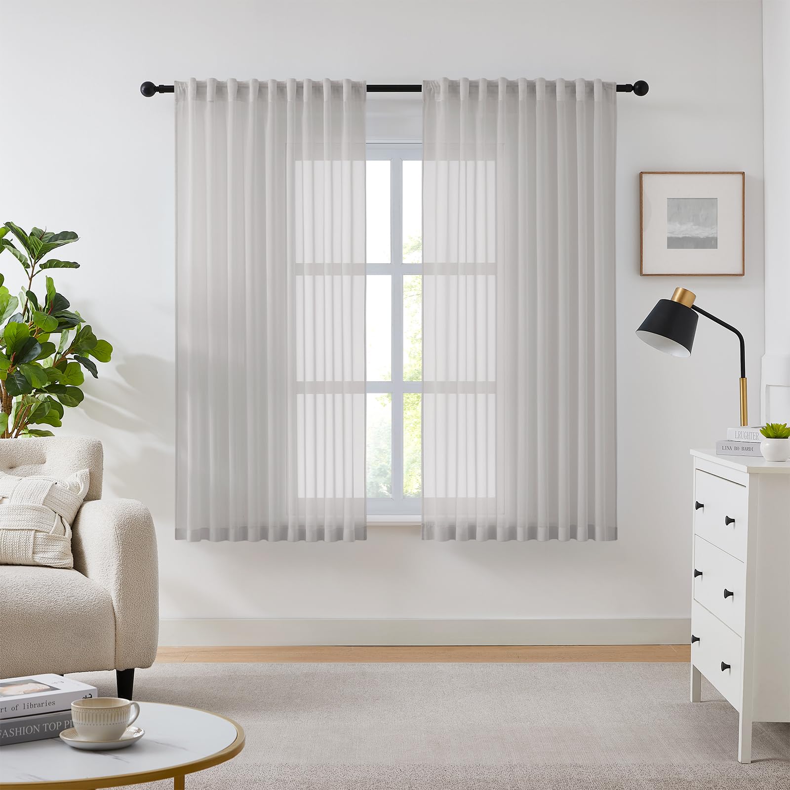 Melodieux Voile Gardinen Grau, Transparent Wohnzimmergardinen mit Haken, Gardinen für Schienensystem, Schlafzimmer, Vorhang Tür, Kinderzimmer Grau, 225×137cm (H×B) 2er Set
