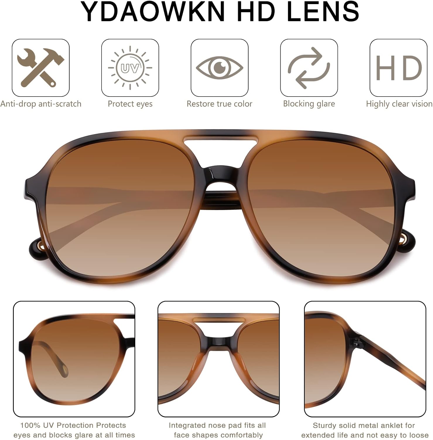 YDAOWKN Retro Square Aviator Sunglasses for Womens Mens Vintage 70s Double Bridge Sun Glasses - Image 3