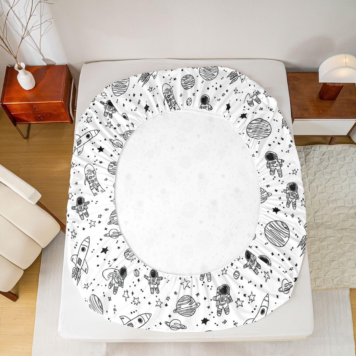 Galaxy Space Bedding Set Twin,Rocket Planet Astronaut Bed Sheets Space Constellation Sheet Set Universe Star Fitted Sheet for Kids Boys Bedroom Dorm,Black White Cute Cartoon Flat Sheet 1 Pillow Case