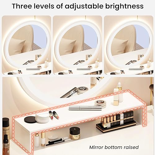 Miniatura 3 de Escritorio de maquillaje con espejo y luces, pequeña mesa de maquillaje para dormitorio con mucho almacenamiento, 3 brillo ajustable, tocador para