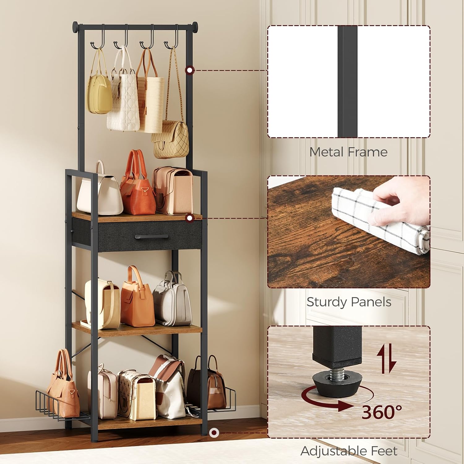 MAHANCRIS 3-Tier Tall Purse Organizer for Closet with Drawer, Hooks & Side Baskets, Floor-Standing Purse Rack Storage, Handbag Organizer, Purse Display Shelf, Bedroom, Entryway, Rustic Brown HSHR25201