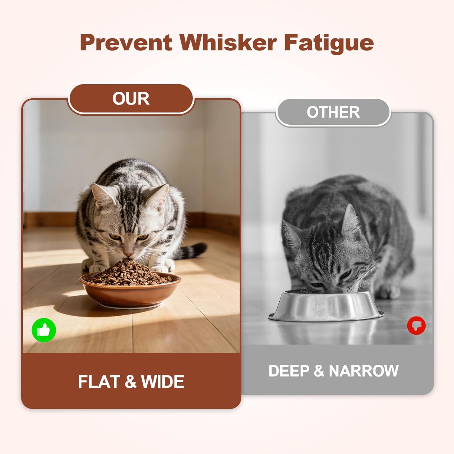 SPUNKYJUNKY Shallow Elevated Cat Bowl with Acacia Wood Stand Wide Raised Ceramic Cat Dishes Whisker Friendly Pet Food and Water Plates (Striped Pattern, 2 Pack, Brown)